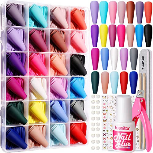 Teenitor Long Press On Nails Coffin Fake Nails Long Ballerina False Nails, 576pcs Long Coffin Press On Nails Full Cover Matte Coffin Nail Tips with Nail Glue, Acrylic Nail Clipper, Nail Art Stickers