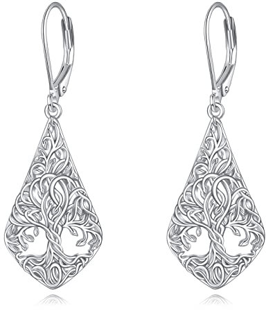 VONALA Tree of Life Filigree Leverback Drop Earrings 925 Sterling Silver Teardrop Earrings Tree of Life Dangle Dangling Jewellery Gifts for Women Mum Girls