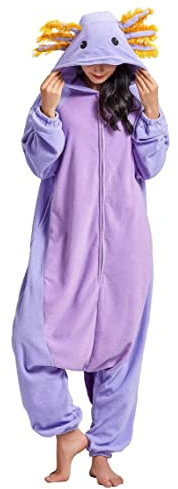 DarkCom Tier Onesie Halloween Cosplay Lila Axolotl Kostüm Karneval Einteiliger Pyjamas Jumpsuit für Damen und Herren L