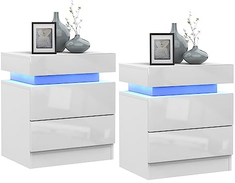 LED-sängbord, 45 x 35 x 52 cm, 2-pack, sängbord med 2 lådor, sidobord, LED-säng, 16 RGB-LED-färger, för vardagsrum, sovrum