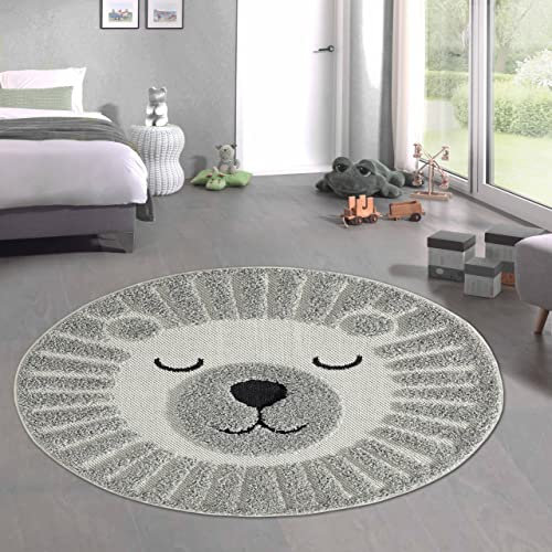 CARPETIA runder Kinderteppich mit flauschigem Hoch-Tief Effekt – schlafender Bär – grau, 160 cm rund