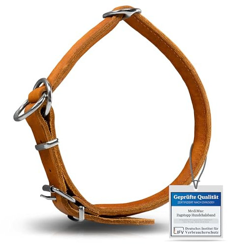 Rund & Weich Zugstopp Hundehalsband, Cognac, M - 50cm Lederhalsband mit Zugbegrenzung und Verstellbarer Schnalle, Dressurhalsung, Zugstopper, robust, Rindsleder