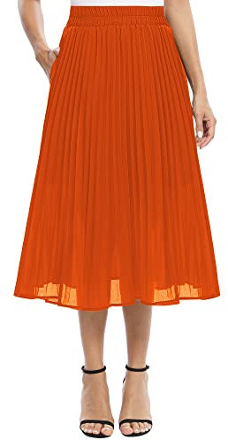 EXCHIC Donna Casuale Chiffon Elastico Vita Linea A Pieghettato Midi Gonna con Tasca(M, Arancione)