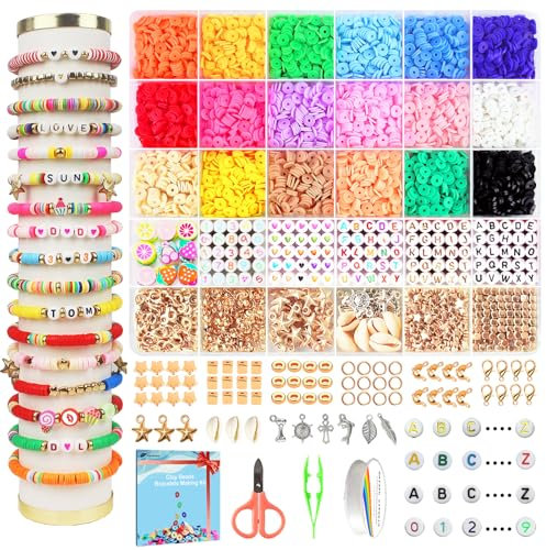 Fournine 5300 Pcs Clay Beads Friendship Bracelet Making Kit, Preppy Flat Polymer Heishi Beads for Jewellery Making Kit, with Charms DIY Craft Gifts for Teen Girls