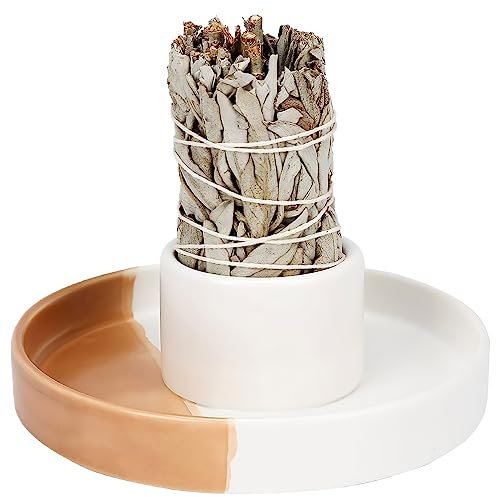 Porte-encens sauge – Trou de 4,1 cm, bol et support en céramique – Blanc et orange