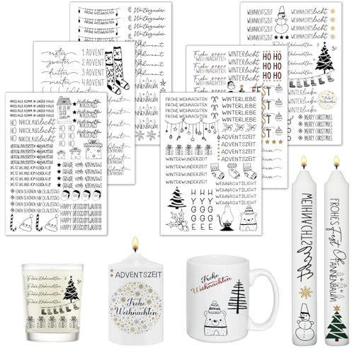 6 Stück Kerzen Tattoo Weihnachten,Kerzen Tattoofolie,Weihnachts Kerzentattoos,Kerzen Sticker,Wasserschiebefolie Stabkerzen,Sprüche zum Verschenken,für Kerzen/Keramik,DIY Geschenk (A)
