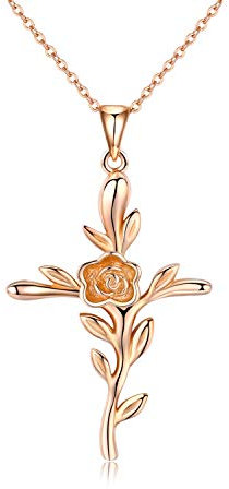 CUOKA MIRACLE Kreuz Kette Rose Blume Halskette 925 Sterling Silber Kruzifix Halskette für Frauen Religiöse Anhänger Amulett Schmuck Geschenke für Damen Jungen Mädchen (02-Roségold)
