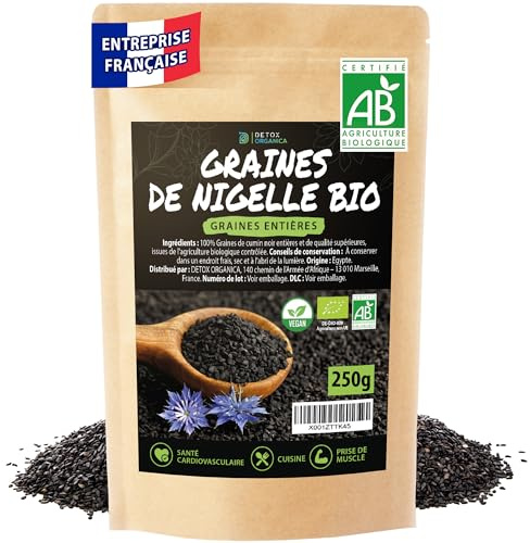 DETOX ORGANICA Graine de Nigelle - 250g de Graine de Nigelle Bio | Cumin Noir - Graines de Nigelle d'Egypte - Véritable Cumin Noir Alimentaire Certifié Pur et d'Agriculture Biologique