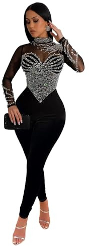 SXHEYUY Damen-Jumpsuit mit Pailletten, Netzstoff, durchsichtige Hose, langärmelig, Strampler für Club, Party