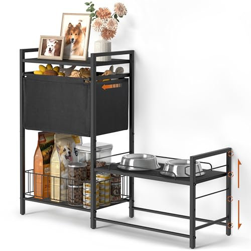 Lomivra Elevated Dog Bowls, Raised Dog Bowl Stand with Dog Toy Bin Basket Dog Feeding Station, Dog Bowl Holder Cabinet with Pet Storage Organizer for Large Medium Small Dogs-Black Wood