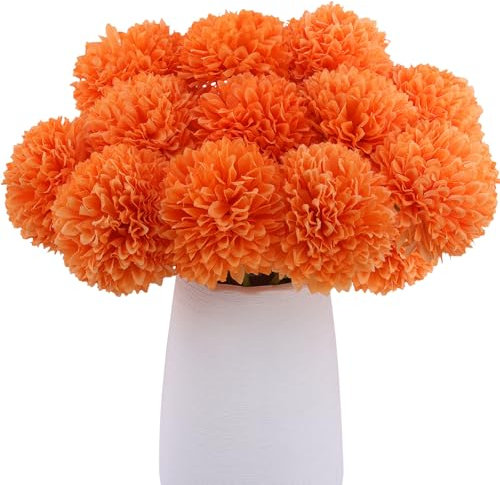 Rowfad Künstliche Chrysanthemen, Herbstblumen, Seide, Orange, Ringelblumen, künstliche Mütter, Blumen für Hochzeit, Herbst, Tag der Toten, Heimdekoration (12, Orange), 12 Stück