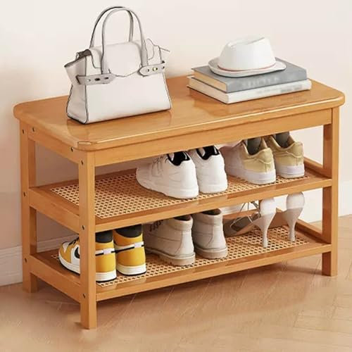 Home Schuhbank mit 2 Etagen, Schuh-Organizer aus Holz für den Hauseingang, Flur und Wohnzimmer (Gelb: Originalholzfarbe, Größe: 95 cm)