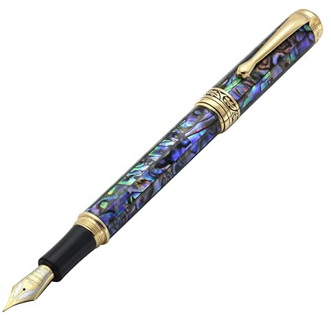 Xezo Maestro Fountain Pen, Extra-Fine Nib (0.3mm line), Gift of Writing Series 18K Gold-Plated Paua Abalone, Handmade, Serialized. Each Unique