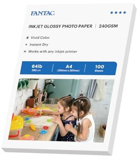 FANTAC Lot de 100 feuilles de papier photo brillant pour imprimante jet d'encre 210 mm x 297 mm, 240 g/m², avec revêtement en résine synthétique haute brillance pour imprimante jet d'encre Canon HP