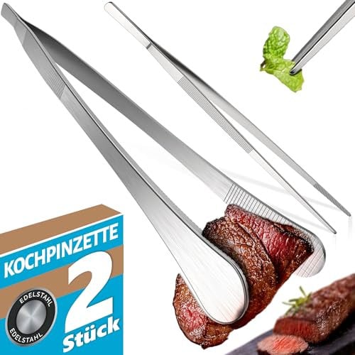 Menz Kochpinzette Set - 2 Stück Kochpinzette Edelstahl, Pinzette Küche 30 cm, runde Grillpinzette zum Kochen und Braten + spitze Küchenpinzette zum Dekorieren