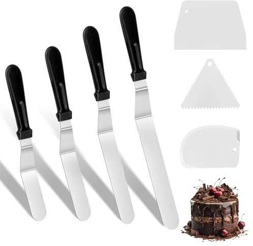 RAFIYU 7 Pcs Spatules Coudées à Pâtisserie, 4 Gâteaux Lissage Spatule inox et 3 Grattoirs à Gâteau en Plastique, Spatule à Palette pour étaler la Crème au Beurre et Décorer les Gâteaux