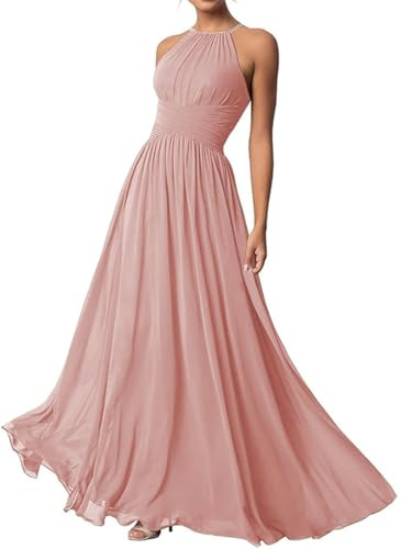 Damen Neckholder Brautjungfernkleider Lang Chiffon Kleider Abendkleider, Dusty Rose, 44