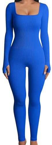 OQQ Damen Jumpsuits mit Langarm Quadratischem Ausschnitt Nahtloses Gerippt Modisches Freizeit Sport Yoga Einteiler Overall Blau
