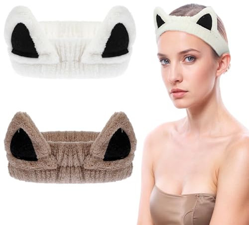 Ouligay 2 Stück Kosmetik Haarband Katzenohren, Elastische Korallen Fleece Abschmink Haarband, Weiches Cosmetic Stirnband Skincare Haarband für Mädchen Frauen, Yoga Sport Spa Beauty (Weiß, Khaki)