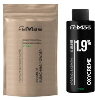 FemMas Blondier-Set: Premium Blondierpulver 100g & Oxycreme 100ml| Perfektes Starter Set für blonde Haare | für bis zu 9 Tonstufen hellere Haare in Salon Qualität (Blond, 1,9%)