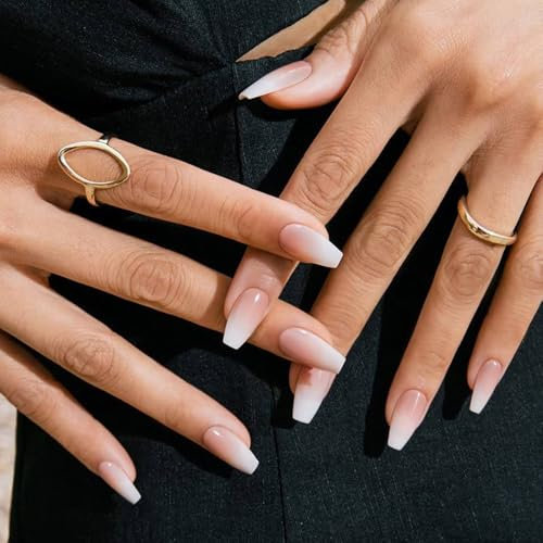 24PCS Long White Gradient French Fake Nails, Ballerina Press-on Nails - Nude French Nail Tips for Artificial Finger Manicure - Perfect for Women