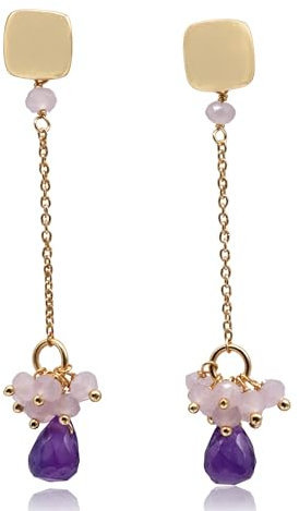 KOKO Rosenquarz und Amethyst Echt Ohrringe, Vergoldet mit 18 Karat, Schmuck mit Natürlichen Edelsteinen, Für Damen und Junge Frauen, Geschenkbox Inklusive