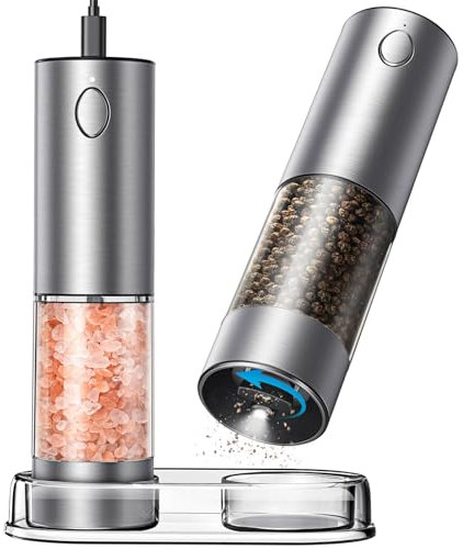 CIGAA Electric Salt and Pepper Grinder Set, Rechargeable Automatic Salt and Pepper Mill Grinder with Adjustable Coarseness and LED Light, Stainless Steel Salt and Pepper Grinder Set with Storage Base