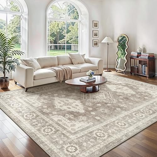 GENIMO Teppich Wohnzimmer 200x290CM, rutschfest Schlafzimmer Teppiche Groß, Vintage Boho Kurzflor, Waschbare, Braun