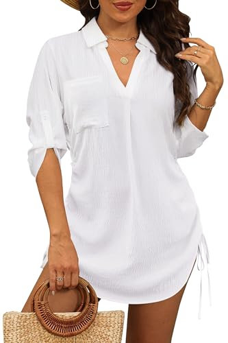 StylSense Damen Strandkleid Sommer Bikini Cover Up Badeanzug Sommerkleider Damen Leicht Strandponcho bluse mit Tunnelzug (Weiß, L)