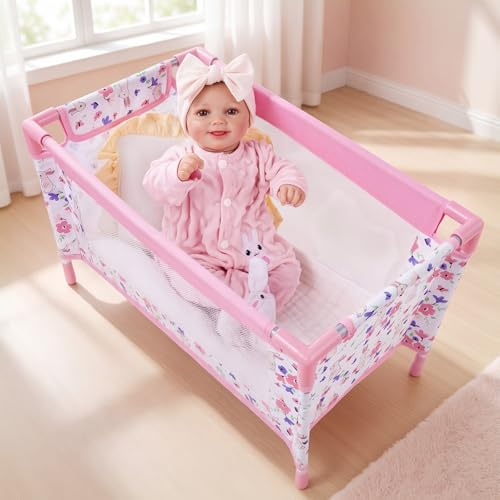 Reborn Baby Dolls Crib, Babys Doll Bed for 18 Inch Baby Dolls, Removable Babys Doll Playpen Toy Crib, Reborn Baby Doll Accessories with Storage Bag, Toy Gift for Kids Ages 3+