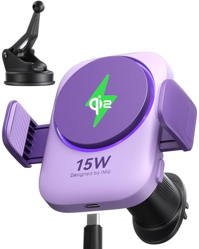 INIU [15W, Purple] Mag-safe Car Mount Charger, Qi2 Certified Ultra-Stable Car Wireless Charger with Fast Charging, Air Vent Clip & Cooling Fins for iPhone 16 Pro Max/15/14/13/12 Accessories