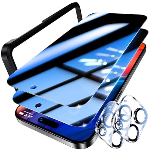 UniqueMe pour iPhone 16 Pro Max Verre Trempé Anti Espion, 2 Pièces Ecran Anti Espion et 2 Pièces Protection de Caméra, Film de Protection Privacy avec Cadre d'installation,Sans Bulles