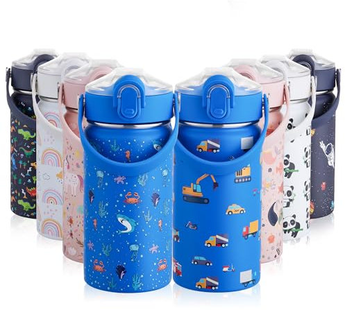 Autsel 420ml/14oz Kids Insulated Water Bottle with Straw, Childrens Stainless Steel Water Bottle, Kids Drinks Bottle Leakproof, Metal Girls/Boys Water Bottle Keep Drinks Hot Cold, BPA Free