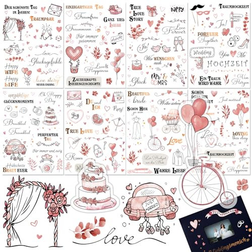 Sticker Hochzeit Gästebuch Rosa 8 Bögen, Lustige Sprüche Sticker für Fotoalbum Hochzeit Sticker Hochzeitsalbum mit viel Liebe, Scrapbook Aufkleber Hochzeit Gästebuch Lustig Hochzeitgästebuch Deko
