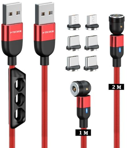 P-TECHUK 540° Rotating Magnetic 3 in 1 Charging Cable, Phone Magnetic Charging Cable, USB Charger Cable. (1M 2M cables, 6 x tips) A15 (Red)