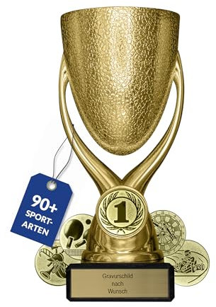 pokal-fabrik.de - Pokal mit Gravur Wunschtext in Gold - personalisiertes Geschenk & Sportemblem nach Wahl - 15 cm inkl. Marmorsockel - Geschenk-Trophäe | Pokal Kinder