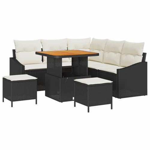 vidaXL Garten-Sofa-Set 8 pcs Schwarz und Creme 80 x 80 x 71 cm, Verstellbare Rattan-Lounge, wetterfeste Garten-Couch, modulare Terrassenmöbel für chillige Stunden im Freien