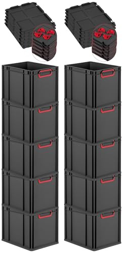 PROREGAL SparSet 10x Eurobox NextGen Color mit Auflagedeckel & Schiebeschnappverschlüsse, HxBxT 32x30x40cm, 30L, Schwarz, Griffe rot geschlossen, Eurobehälter, Transportbox, Transportbehälter