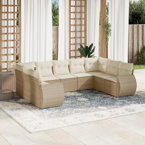 QJBSAVVA 9-teiliges Gartensofa Set Beige Kunststoff Rattan inkl. abnehmbaren Kissen platzsparend modular für Garten Terrasse Balkon Outdoor Lounge
