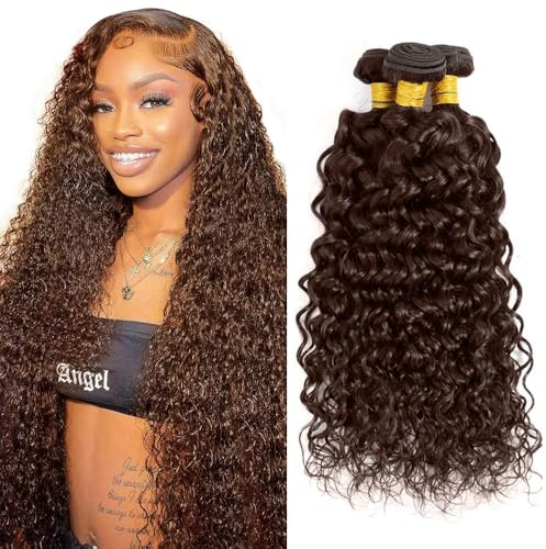Tuheerst #4 Chocolate Brown Color Human Hair Bundles Water Wave 28 30 32 Inch Unprocessed Glueless Double Weft Weave Human Hair Extension For Woman 3 Bundles Total 150g