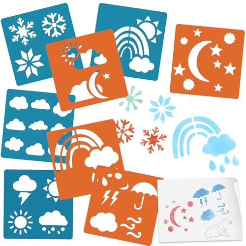 Schablonen Malen für Kinder 8 Stück Airbrush Schablonen Set 15x15cm Kinder Kreatives Zeichenschablonen, Kunststoff Wiederverwendbar Malschablone DIY Handwerk, Papier Wand Holz Stoff (Wetter)