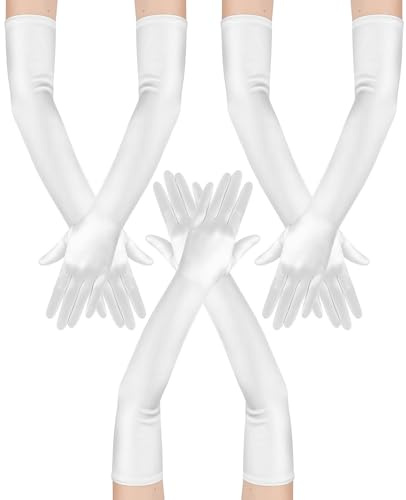 Donvuka 3 Paar Weiße Handschuhe Lang,1920er Elegant Seide Lange Handschuhe Damen für Classic Oper Maskerade Cosplay Kostüme Party (53cm)