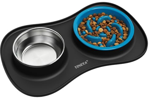 YINEYA gamelle pour chien/chat set 3 in 1, gamelle anti glouton, est fourni avec un tapis pour chien pliable, Il convient aux aliments secs et humides ainsi qu'à toutes les races de chiens et de chats