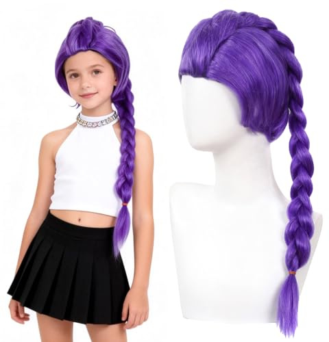 KutaKuta Lila Perücke Kinder, Hunter-Kostüm Lila Zopfperücke, Lange Perücke Cosplay Kinder für Damen Herren, Realistisches Accessoire für Partykostüme, Cosplay, Bühnenauftritte, Partys
