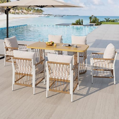 Merax Modernes Gartenmöbel-Set mit Tisch und 6 Stühlen, Eisengestell, Rattan-Armlehnen, Sitz- und Rückenkissen, Freizeit- und Essgruppe für Terrasse, Garten und Außenbereich, Beige