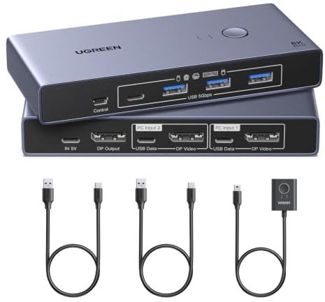 UGREEN Switch KVM Displayport 8K 60Hz 2 Entrées 1 Sortie | Commutateur DP 1.4 4K 240Hz 4 Ports USB 3A1C 5Gbps pour Clavier Souris Disque Dur Imprimante avec Contrôleur de Bureau