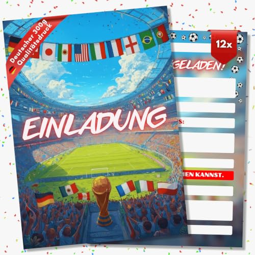 HIDEBLOOM Fußball Einladungskarten Kindergeburtstag Jungen und Mädchen - 12 Stück - DIN A6 (10,5 cm x 14,8 cm) - Geburtstagseinladungen Einladungskarten Geburtstag - WM Meisterschaft