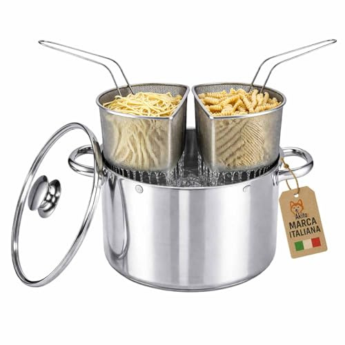 AKITAInk Bollipasta Duna 24 cm in Acciaio Inox con 2 Cestelli e Coperchio in Vetro Temperato, Pentola per Pasta con Scolapasta Integrato, Resistente e Pratica