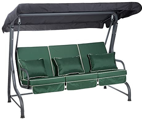 Alfresia Roma 3-Seater Garden Swing Seat - Outdoor Patio Swing Chair with Adjustable Waterproof Canopy and Luxury Cushions, Charcoal Canopy and Frame, Green Luxury Cushions