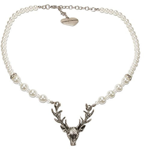 Alpenflüstern Perlen-Trachtenkette Hirsch - Damen-Trachtenschmuck mit Hirsch-Geweih, elegante Dirndlkette creme-weiß DHK203